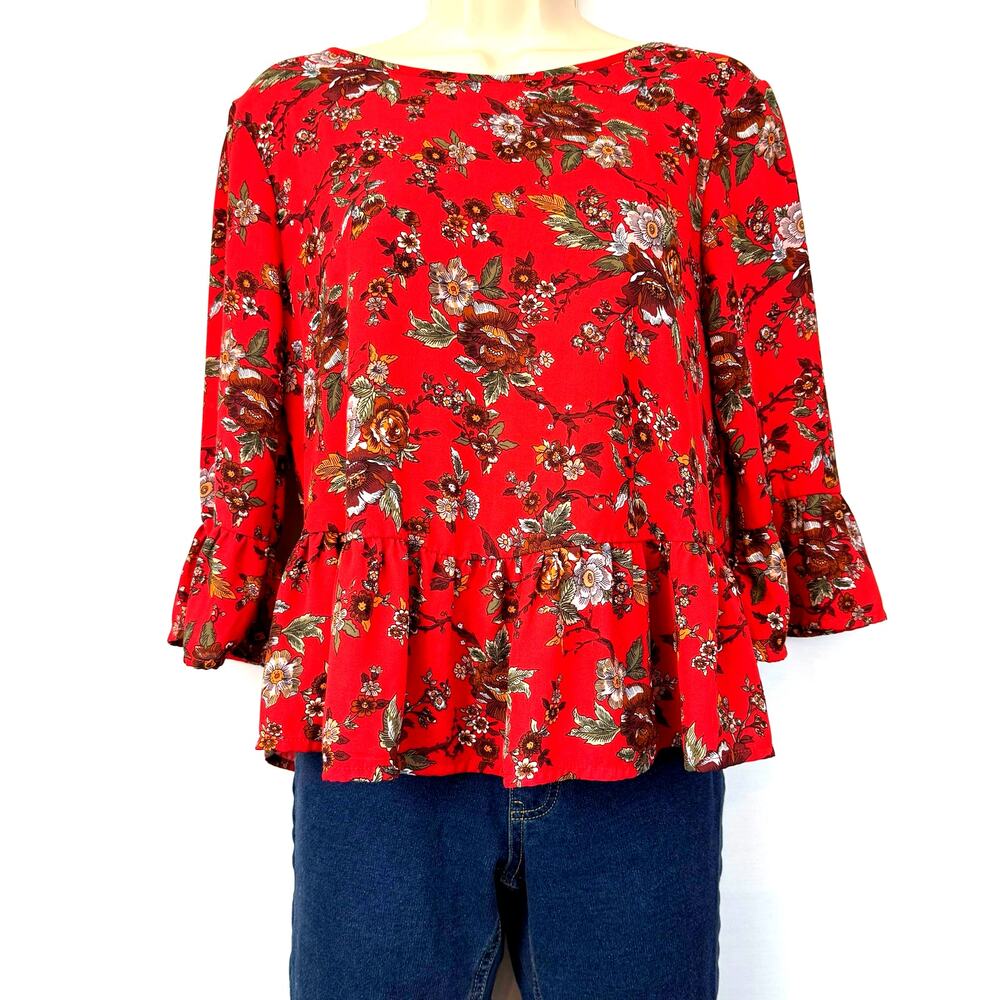 One Clothing Red Floral Top with Caged Back Ruffled 3/4 Sleeves Flounce Hem